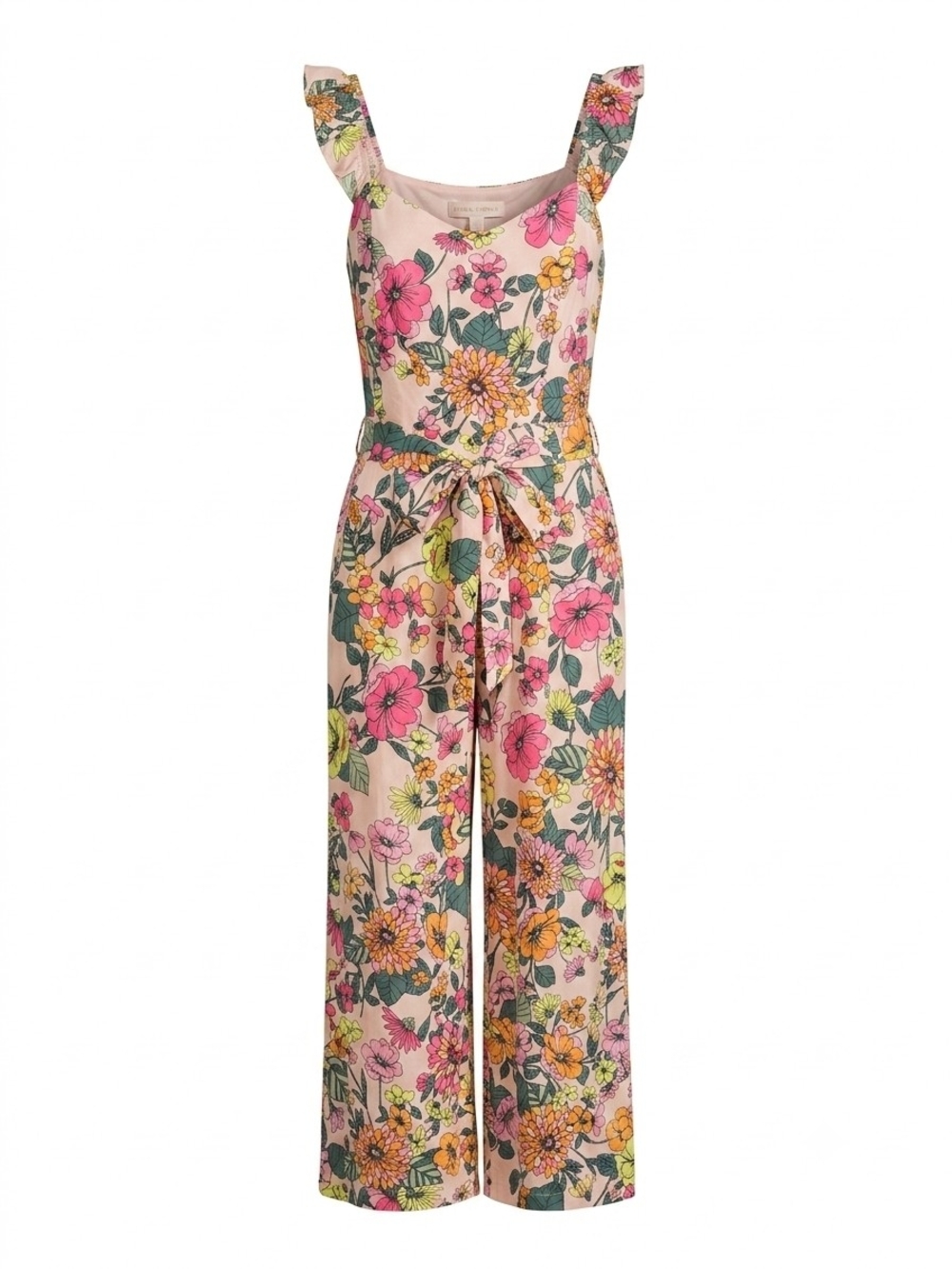 Baltic Born Floral Tropical Beach Tie-Waist Wide Leg Jumpsuit in Pink & Yellow